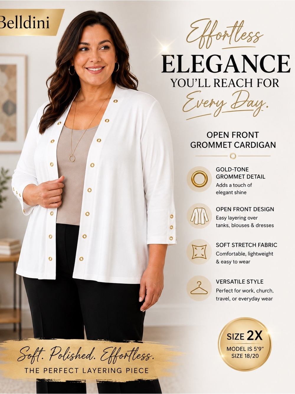 Belldini White Open Front Grommet Cardigan Sweater 2X Gold Stud Detail Stretch